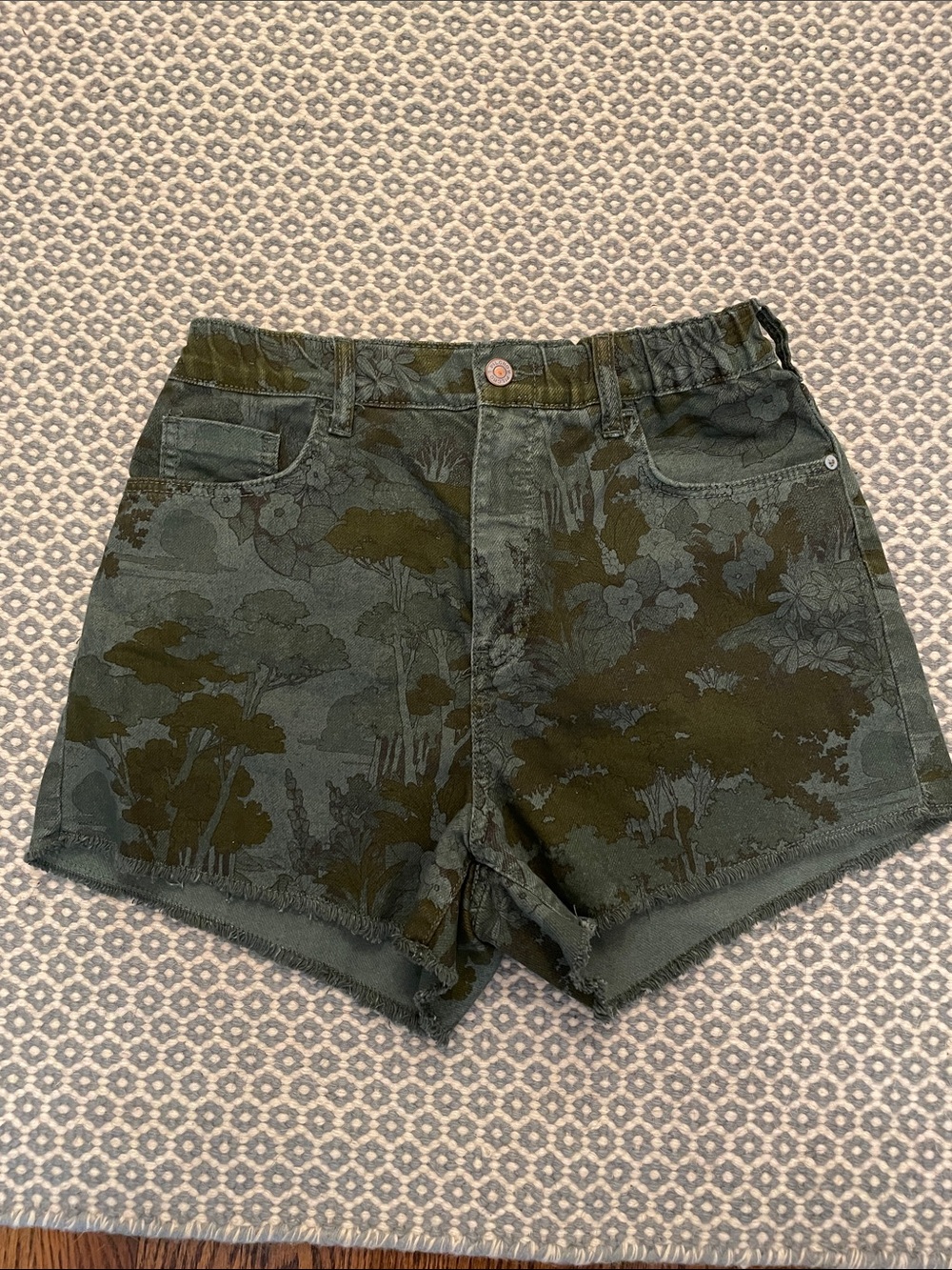 Pilcro Olive Green Floral-Print Denim Shorts